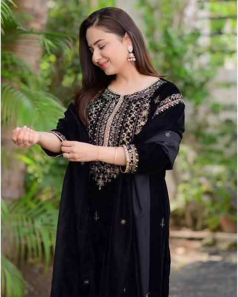 Luxurious Velvet Black Embroidered Salwar Suit for Festive & Wedding Wear