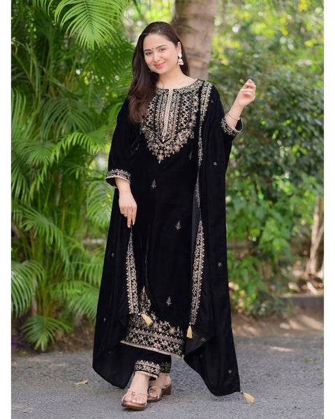Luxurious Velvet Black Embroidered Salwar Suit for Festive & Wedding Wear