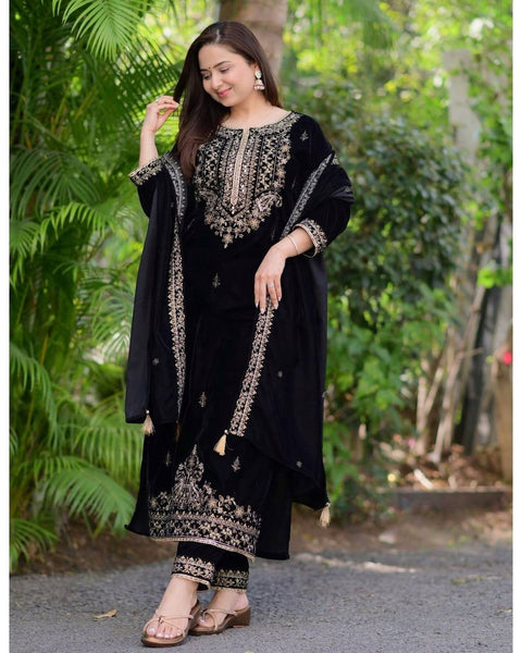 Luxurious Velvet Black Embroidered Salwar Suit for Festive & Wedding Wear