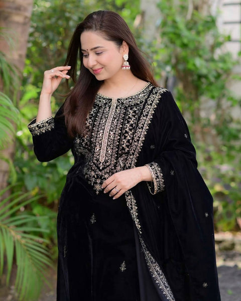 Luxurious Velvet Black Embroidered Salwar Suit for Festive & Wedding Wear