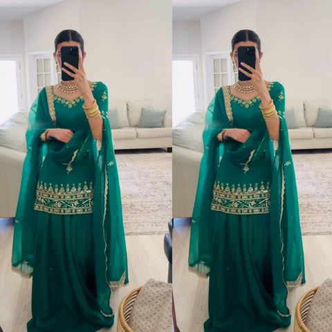 Elegant Bottle Green Embroidered Top Lehenga with Dupatta