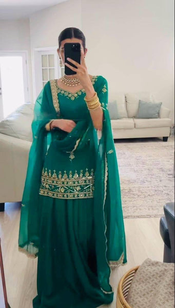 Elegant Bottle Green Embroidered Top Lehenga with Dupatta