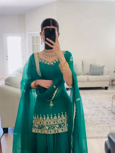 Elegant Bottle Green Embroidered Top Lehenga with Dupatta