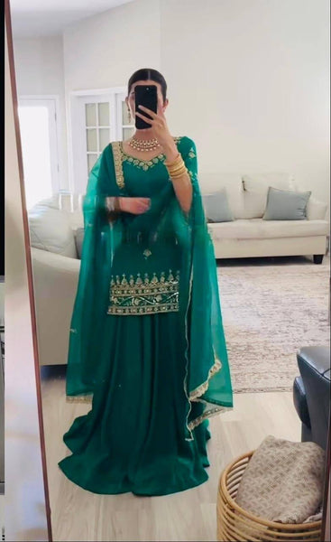 Elegant Bottle Green Embroidered Top Lehenga with Dupatta