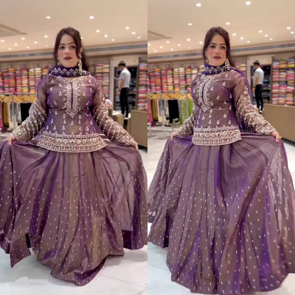 Elegant Purple Embroidered Lehenga Top Set
