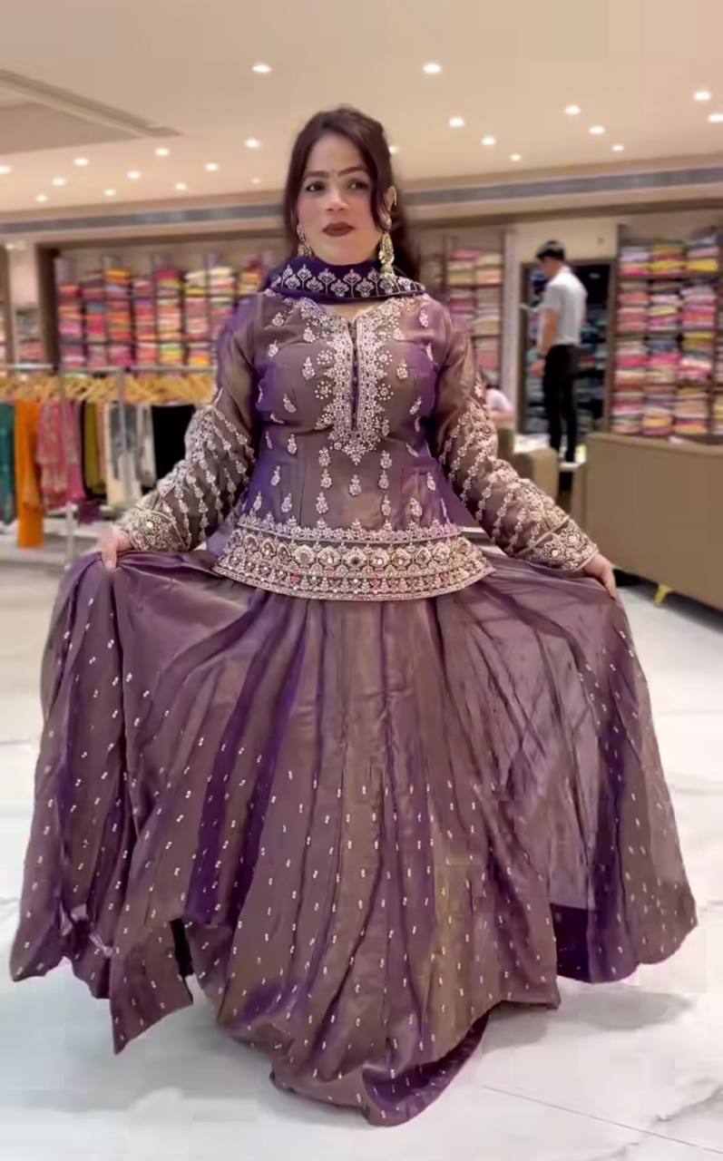 Elegant Purple Embroidered Lehenga Top Set