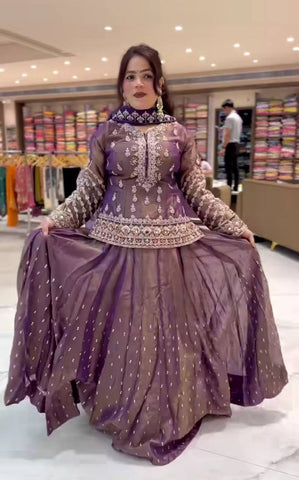 Elegant Purple Embroidered Lehenga Top Set