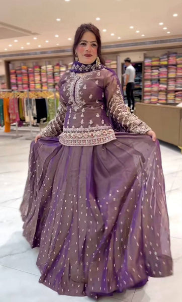 Elegant Purple Embroidered Lehenga Top Set