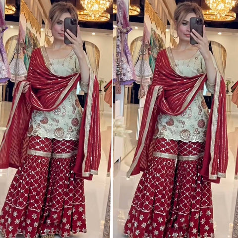 Beige & Maroon Sequin Embroidered Sharara Suit Set with Dupatta