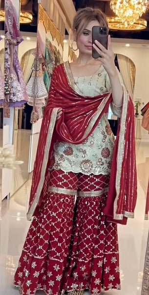 Beige & Maroon Sequin Embroidered Sharara Suit Set with Dupatta