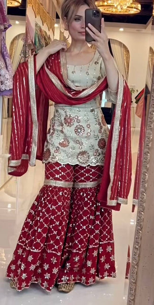 Beige & Maroon Sequin Embroidered Sharara Suit Set with Dupatta