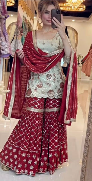Beige & Maroon Sequin Embroidered Sharara Suit Set with Dupatta
