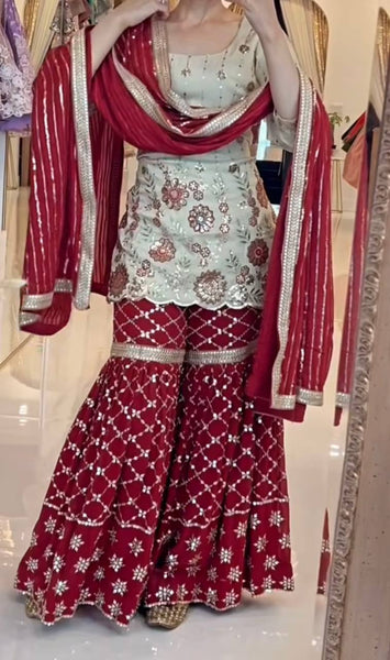 Beige & Maroon Sequin Embroidered Sharara Suit Set with Dupatta