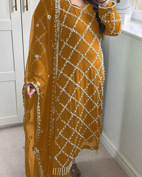 Desirable Fancy Faux Georgette Sequence Embroidered Work Top and Pent with Dupatta Set