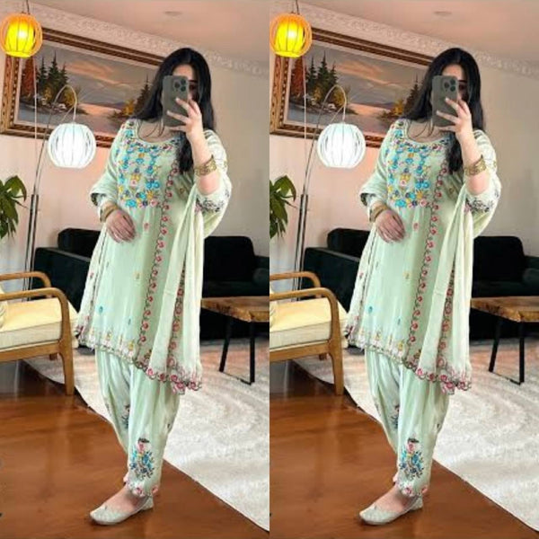 Elegant Pastel Green Floral Embroidered Farsi Suit for Women