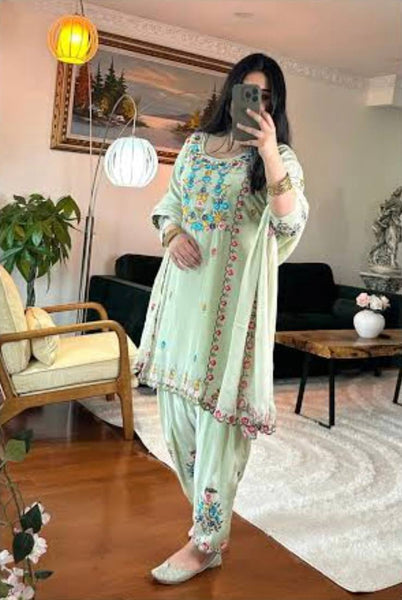 Elegant Pastel Green Floral Embroidered Farsi Suit for Women