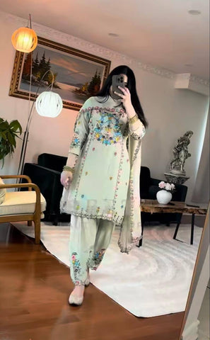 Elegant Pastel Green Floral Embroidered Farsi Suit for Women