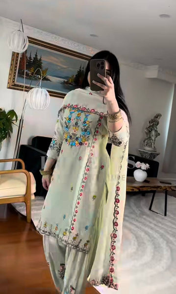 Elegant Pastel Green Floral Embroidered Farsi Suit for Women