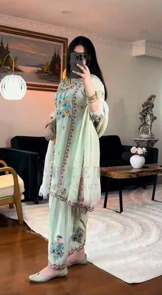 Elegant Pastel Green Floral Embroidered Farsi Suit for Women