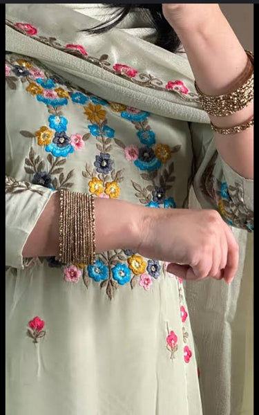 Elegant Pastel Green Floral Embroidered Farsi Suit for Women