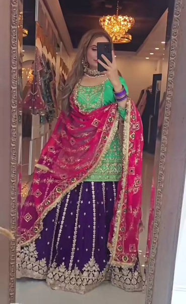 Stunning Green and Purple Embroidered Lehenga Choli with Pink Dupatta for Women