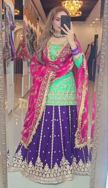 Stunning Green and Purple Embroidered Lehenga Choli with Pink Dupatta for Women
