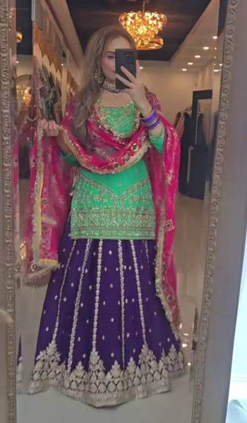 Stunning Green and Purple Embroidered Lehenga Choli with Pink Dupatta for Women
