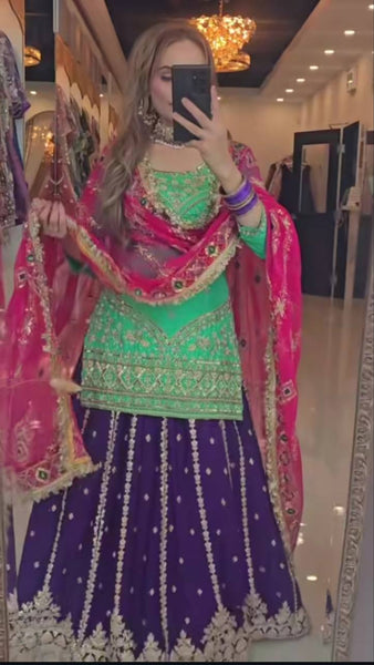 Stunning Green and Purple Embroidered Lehenga Choli with Pink Dupatta for Women
