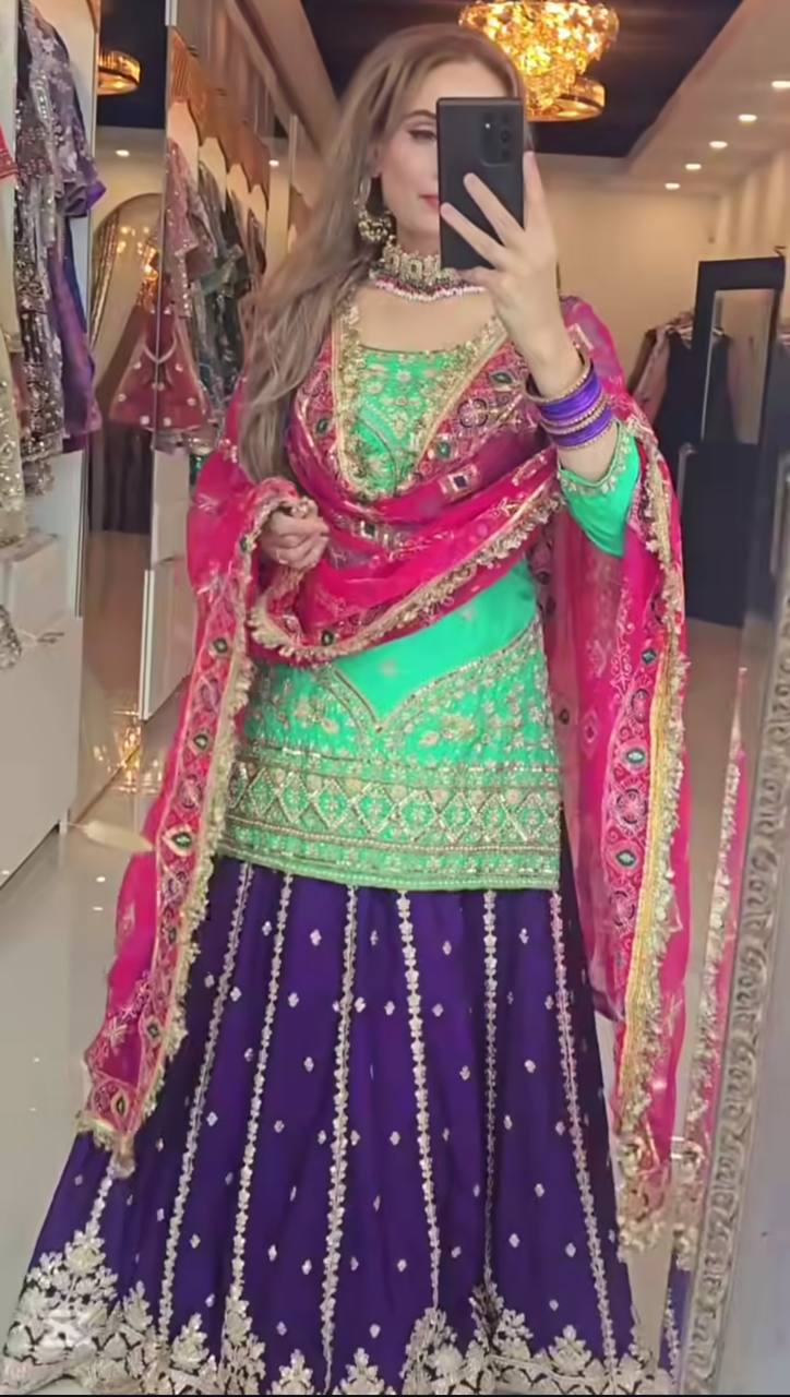 Stunning Green and Purple Embroidered Lehenga Choli with Pink Dupatta for Women
