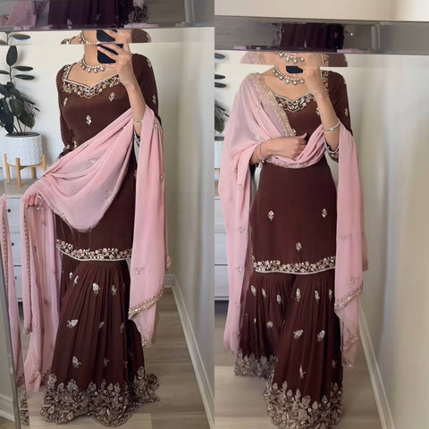 Elegant Brown Embroidered Sharara Suit with Light Pink Dupatta