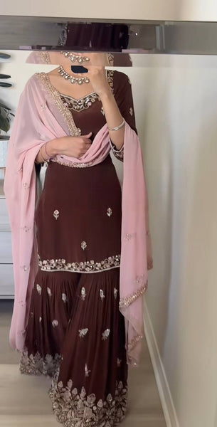 Elegant Brown Embroidered Sharara Suit with Light Pink Dupatta
