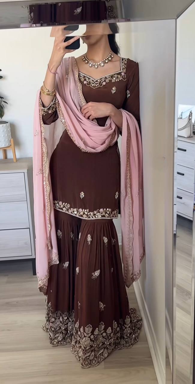 Elegant Brown Embroidered Sharara Suit with Light Pink Dupatta