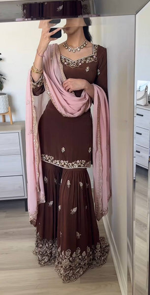 Elegant Brown Embroidered Sharara Suit with Light Pink Dupatta