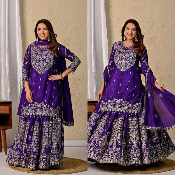 Festive Wear Purple Embroidered Lehenga Kurta with Matching Dupatta