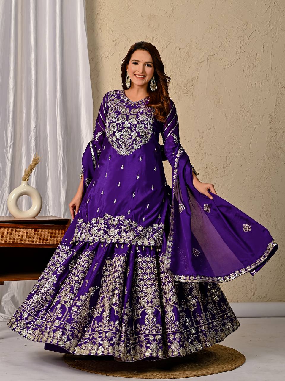 Festive Wear Purple Embroidered Lehenga Kurta with Matching Dupatta