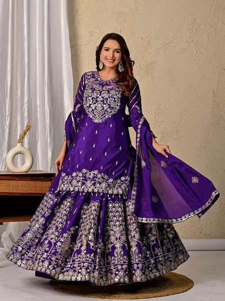 Festive Wear Purple Embroidered Lehenga Kurta with Matching Dupatta