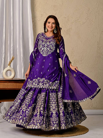 Festive Wear Purple Embroidered Lehenga Kurta with Matching Dupatta
