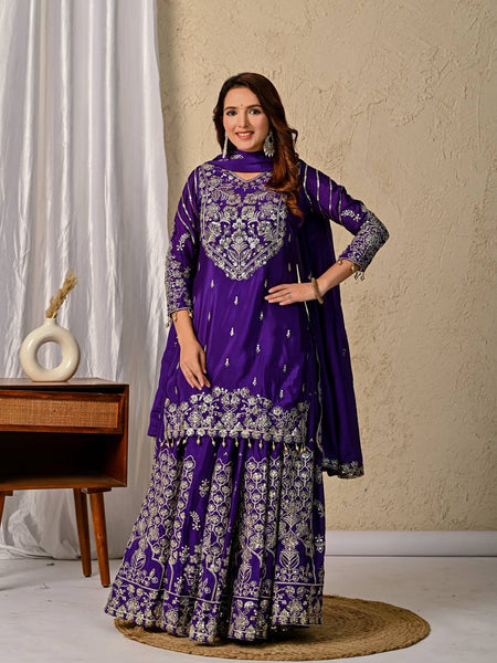 Festive Wear Purple Embroidered Lehenga Kurta with Matching Dupatta