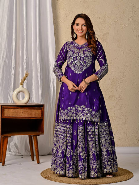 Festive Wear Purple Embroidered Lehenga Kurta with Matching Dupatta