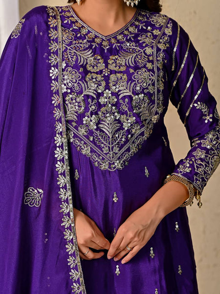 Festive Wear Purple Embroidered Lehenga Kurta with Matching Dupatta