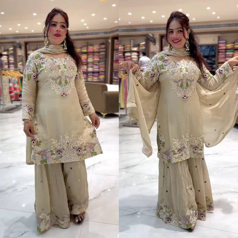 Beige Georgette Embroidered Sharara Suit with Dupatta