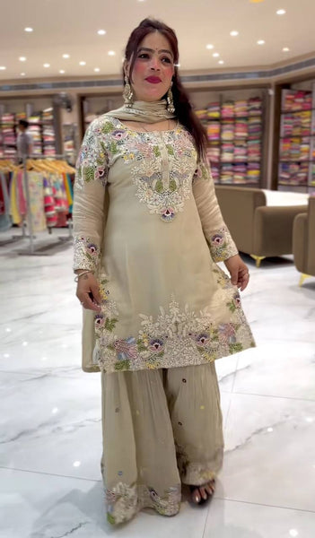 Beige Georgette Embroidered Sharara Suit with Dupatta