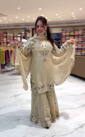 Elegant Off White Embroidered Sharara Suit with Dupatta