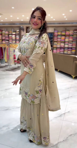 Elegant Off White Embroidered Sharara Suit with Dupatta