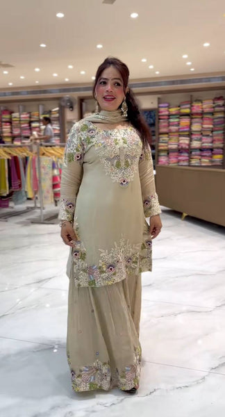 Elegant Off White Embroidered Sharara Suit with Dupatta