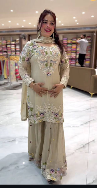Elegant Off White Embroidered Sharara Suit with Dupatta