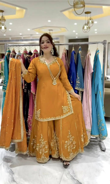 Bright Yellow Embroidered Sharara Suit with Dupatta