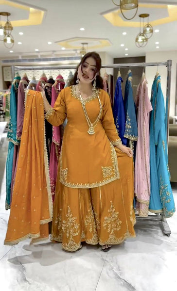 Bright Yellow Embroidered Sharara Suit with Dupatta