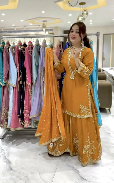 Bright Yellow Embroidered Sharara Suit with Dupatta
