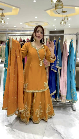 Bright Yellow Embroidered Sharara Suit with Dupatta